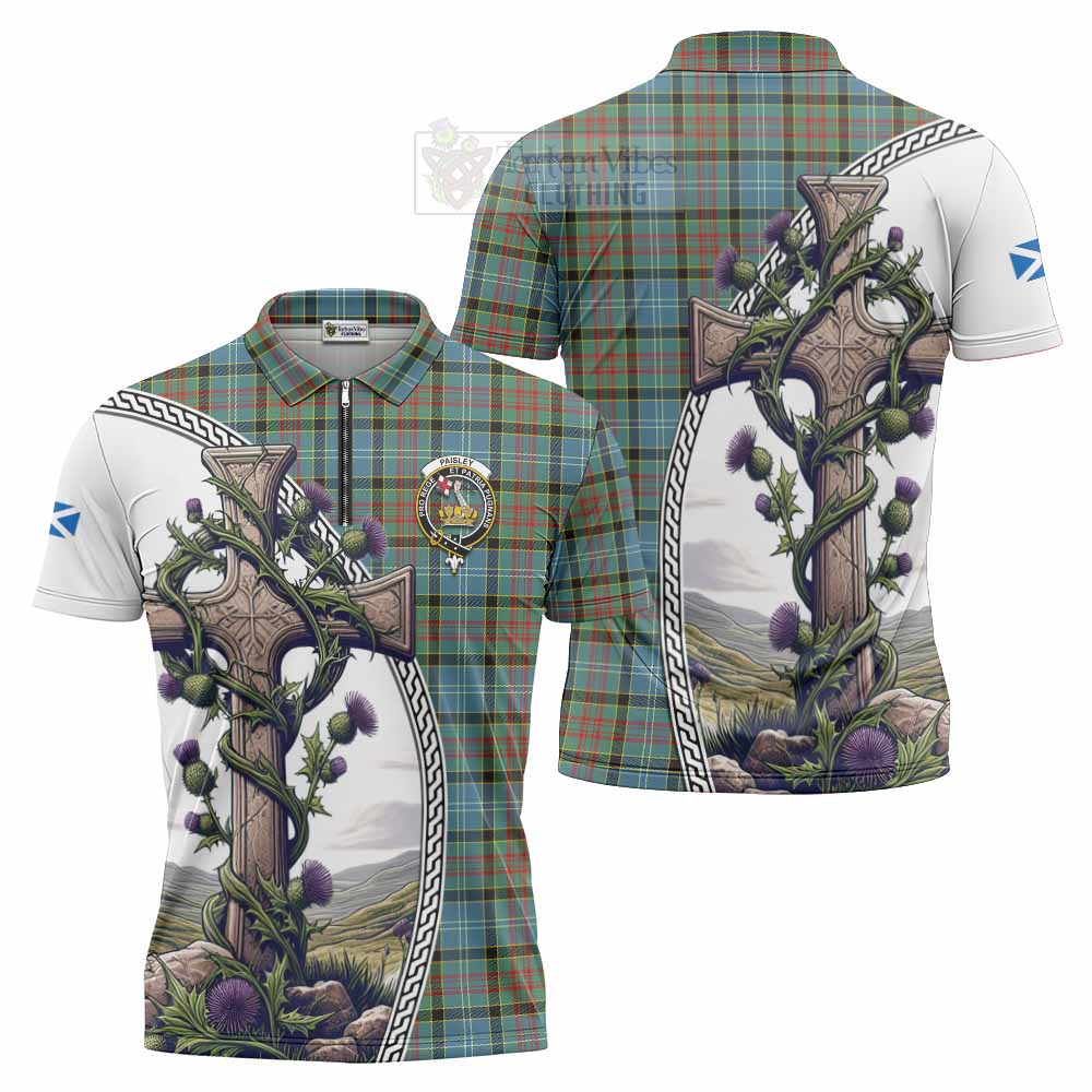 Tartan Vibes Clothing Paisley Tartan Zipper Polo Shirt with Family Crest and St. Andrew's Cross Accented by Thistle Vines