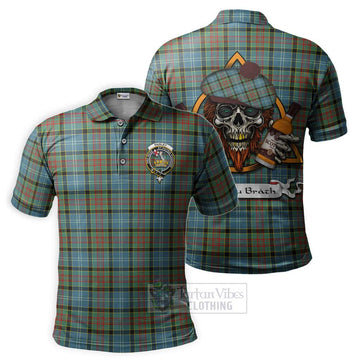 Paisley Tartan Polo Shirt with Family Crest and Bearded Skull Holding Bottles of Whiskey