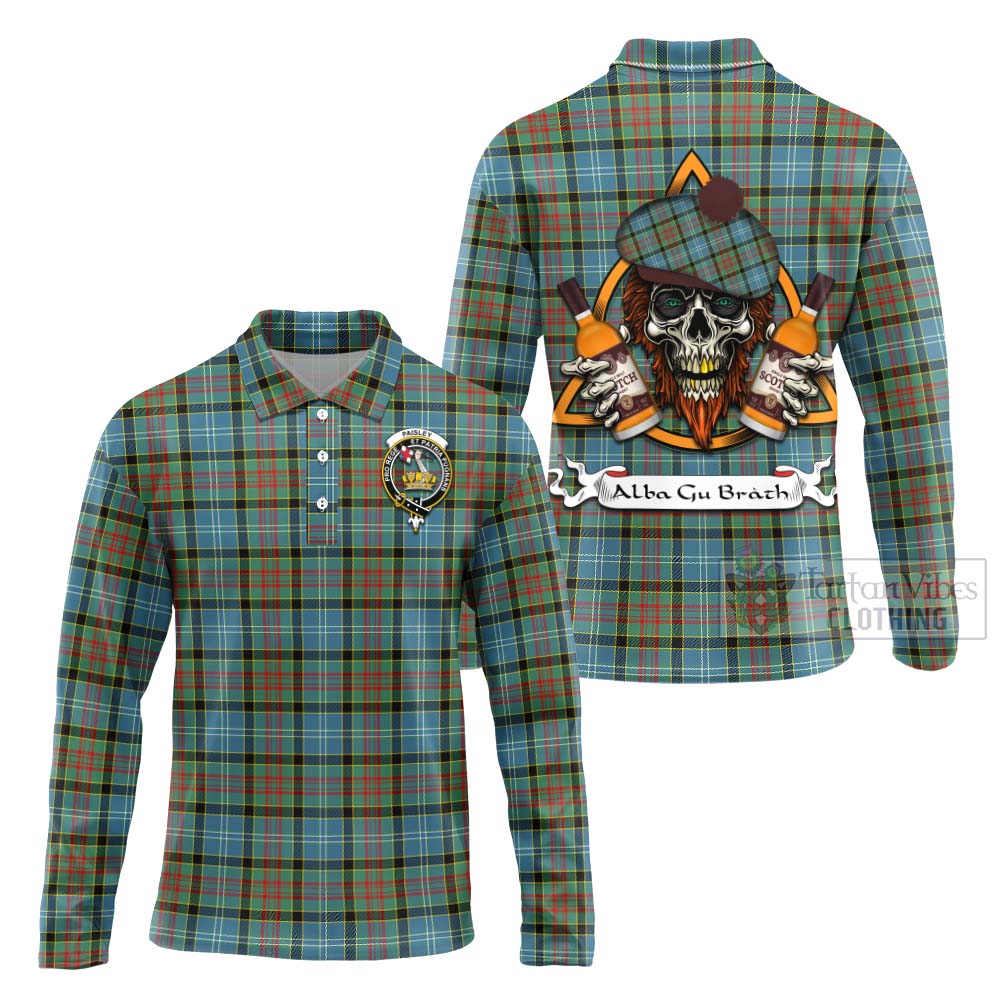 Tartan Vibes Clothing Paisley Tartan Long Sleeve Polo Shirt with Family Crest and Bearded Skull Holding Bottles of Whiskey