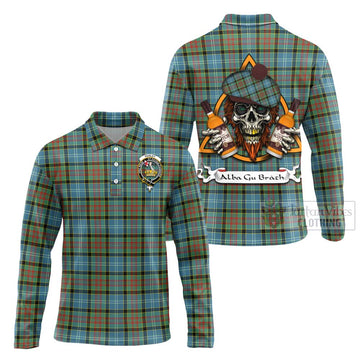 Paisley Tartan Long Sleeve Polo Shirt with Family Crest and Bearded Skull Holding Bottles of Whiskey