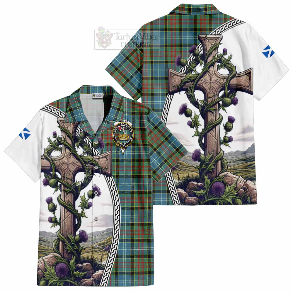 Tartan Vibes Clothing Paisley Tartan Short Sleeve Button Shirt with Family Crest and St. Andrew's Cross Accented by Thistle Vines