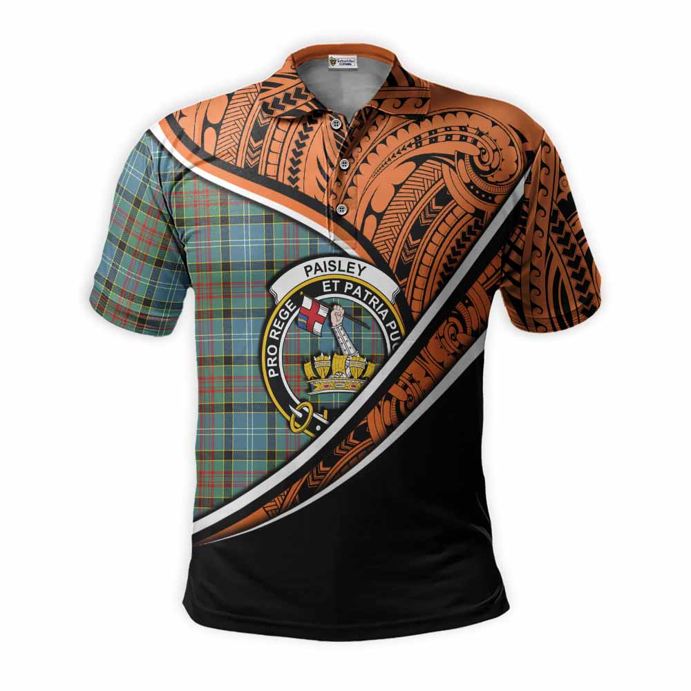 Tartan Vibes Clothing Paisley Crest Tartan Polo Shirt with Maori Tattoo Style - Orange Version