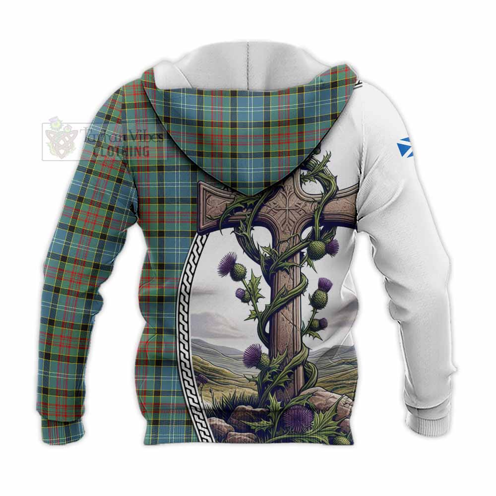 Tartan Vibes Clothing Paisley Tartan Knitted Hoodie with Family Crest and St. Andrew's Cross Accented by Thistle Vines