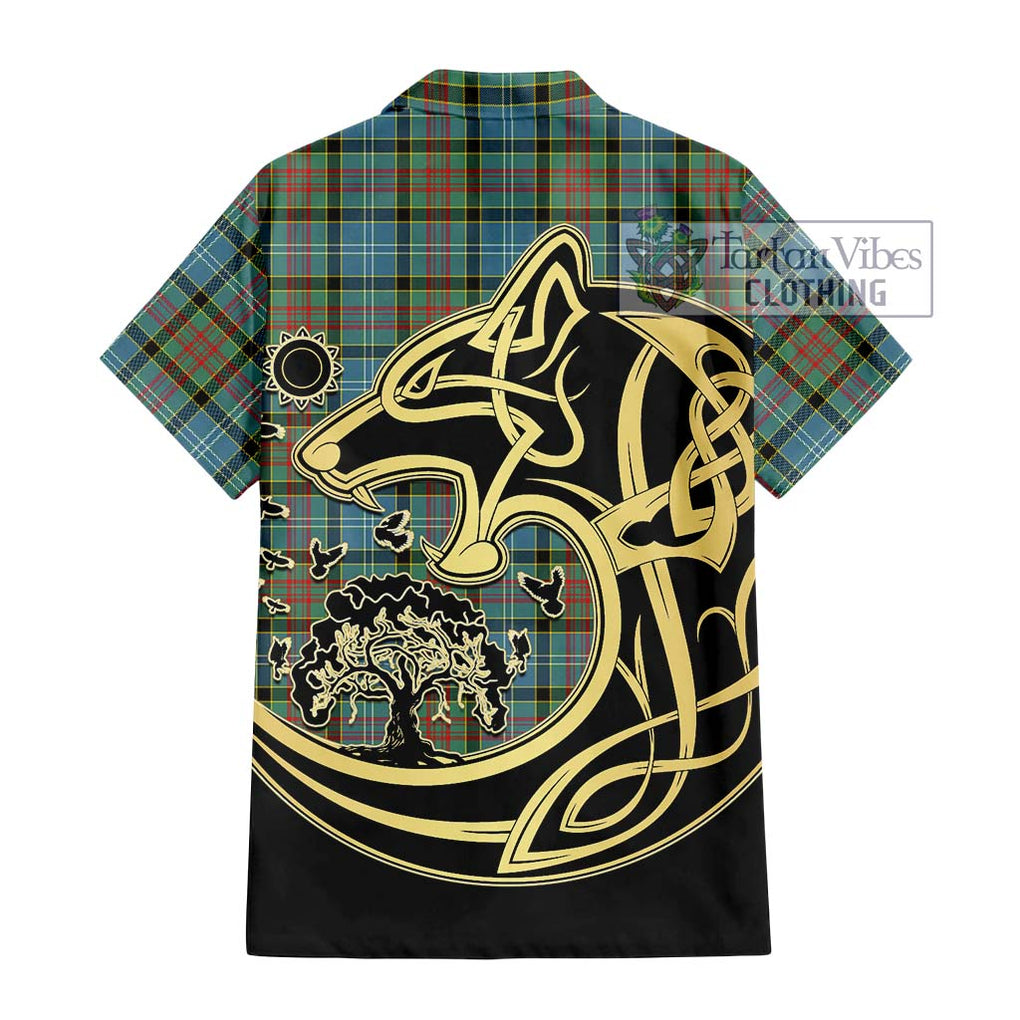 Paisley Tartan Short Sleeve Button Shirt with Family Crest Celtic Wolf Style - Tartan Vibes Clothing