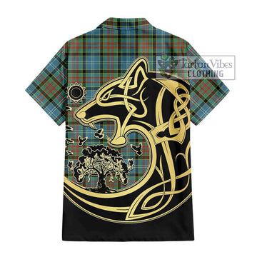 Paisley Tartan Short Sleeve Button Shirt with Family Crest Celtic Wolf Style