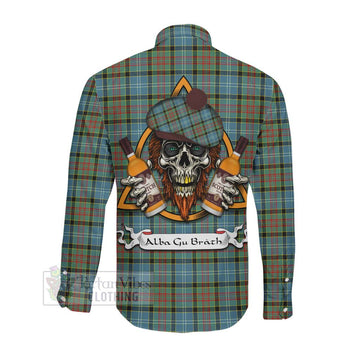 Paisley Tartan Long Sleeve Button Shirt with Family Crest and Bearded Skull Holding Bottles of Whiskey