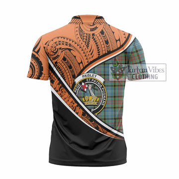 Paisley Crest Tartan Zipper Polo Shirt with Polynesian Vibes Style - Orange Version