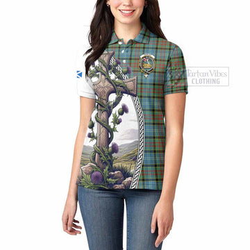 Paisley Tartan Women's Polo Shirt with Family Crest and St. Andrew's Cross Accented by Thistle Vines