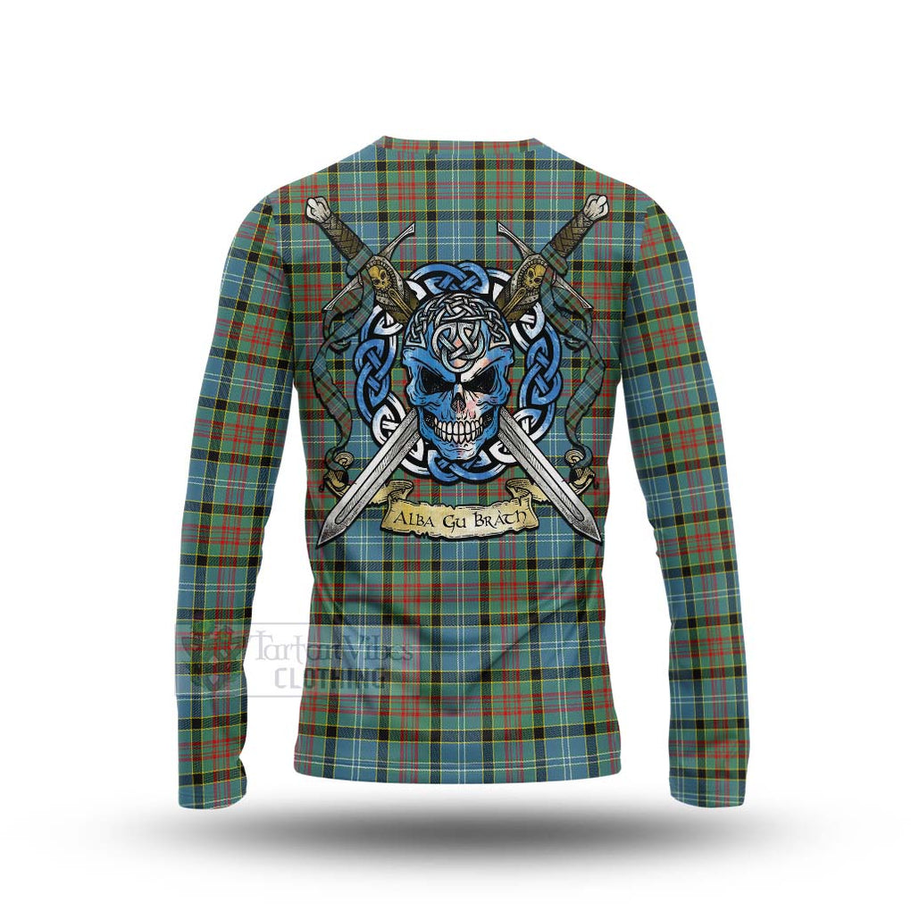 Tartan Vibes Clothing Paisley Tartan Long Sleeve T-Shirt with Family Crest Celtic Skull Style