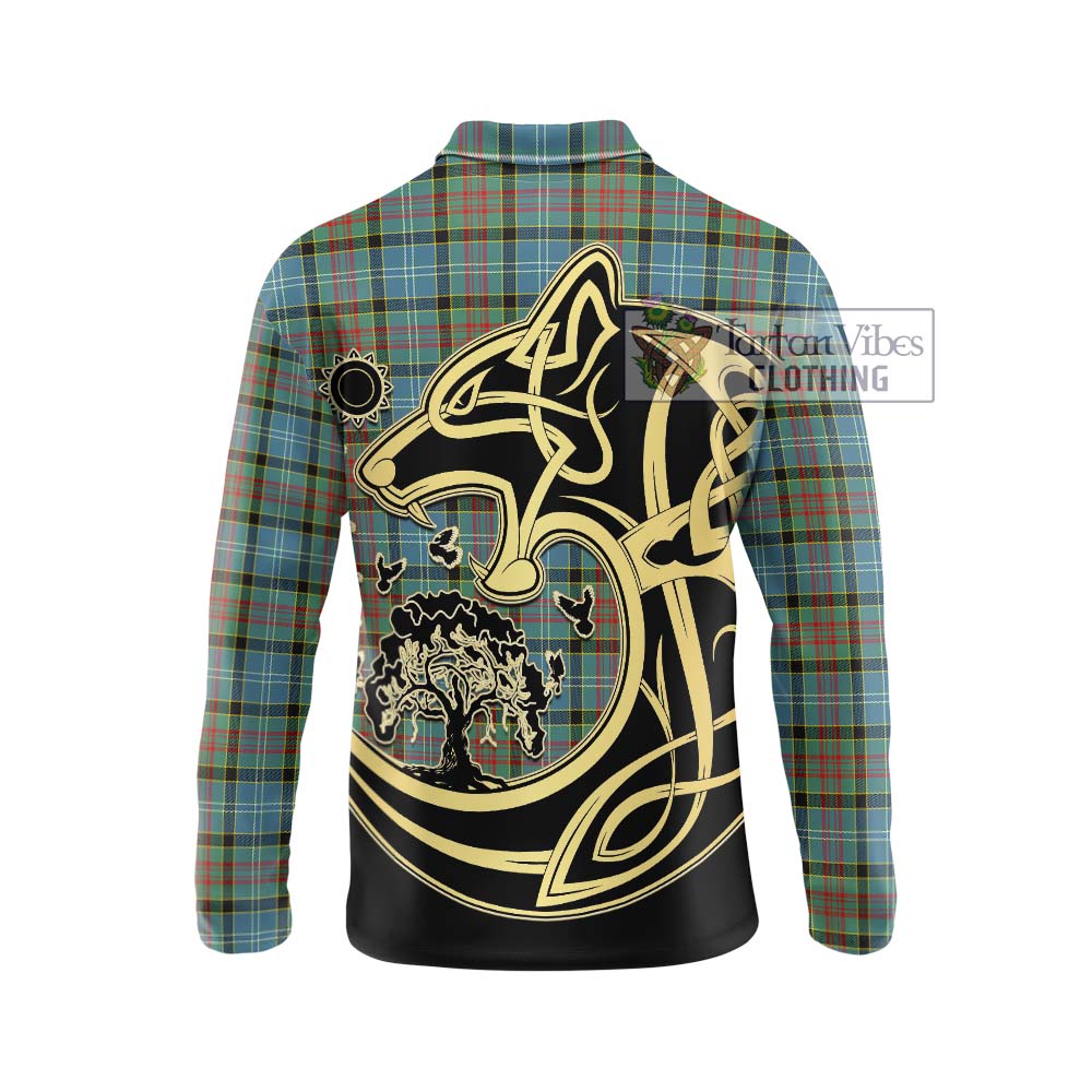 Paisley Tartan Long Sleeve Polo Shirt with Family Crest Celtic Wolf Style - Tartanvibesclothing Shop