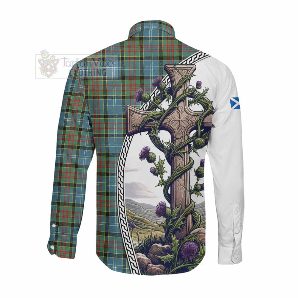 Tartan Vibes Clothing Paisley Tartan Long Sleeve Button Shirt with Family Crest and St. Andrew's Cross Accented by Thistle Vines