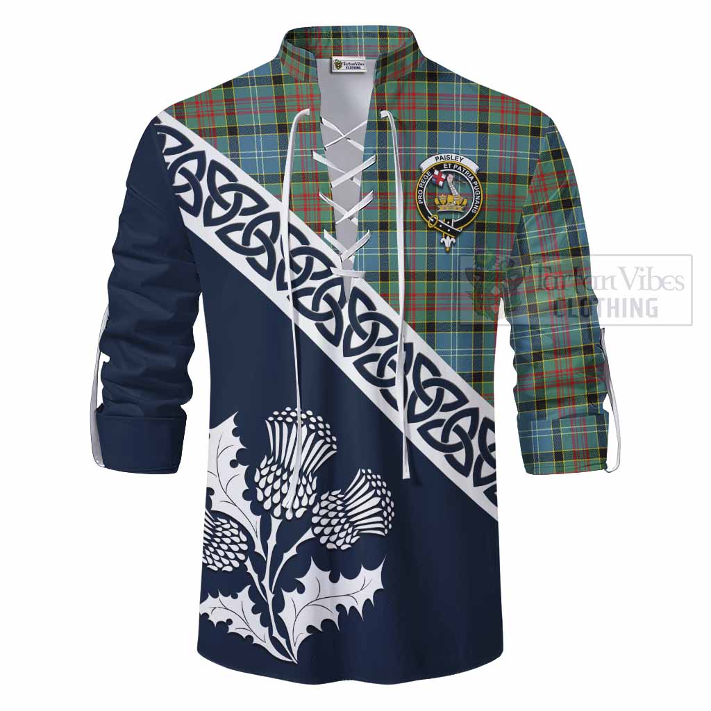 Tartan Vibes Clothing Paisley Tartan Ghillie Kilt Shirt Featuring Thistle and Scotland Map