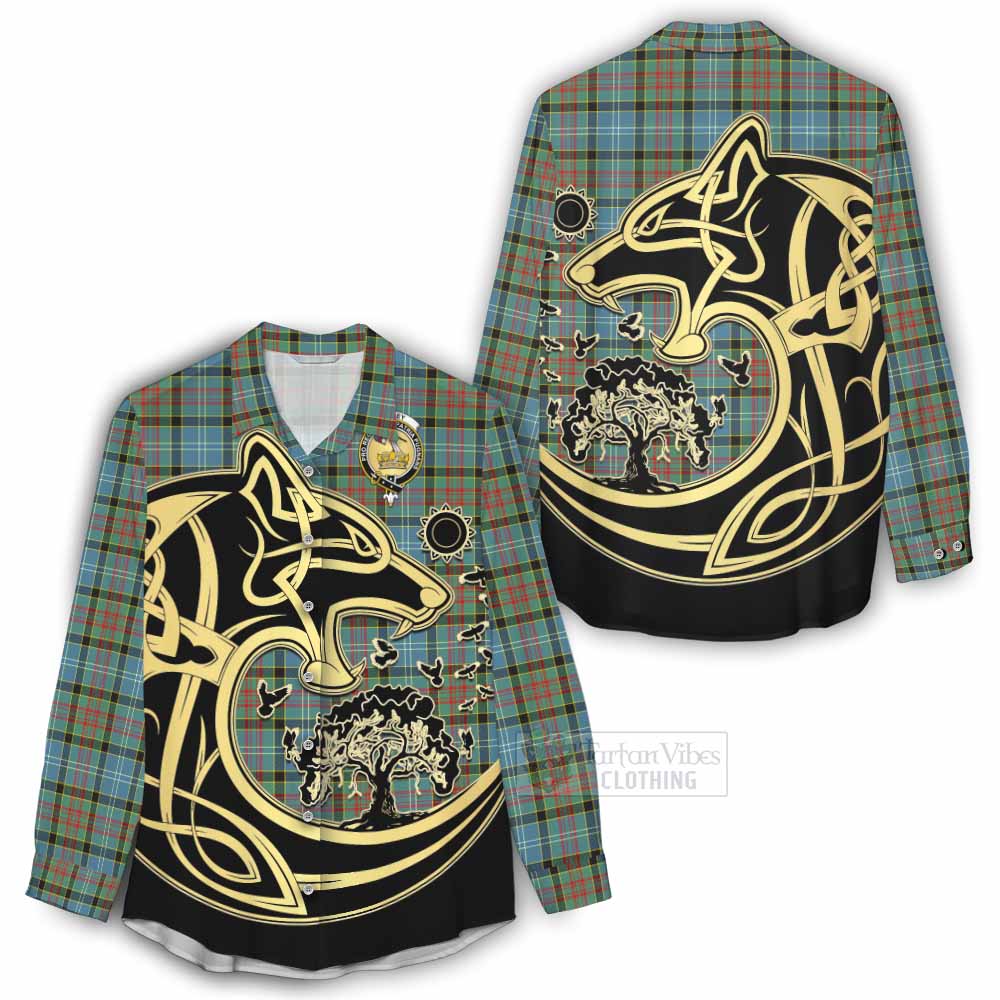 Tartan Vibes Clothing Paisley Tartan Women's Casual Shirt with Family Crest Celtic Wolf Style