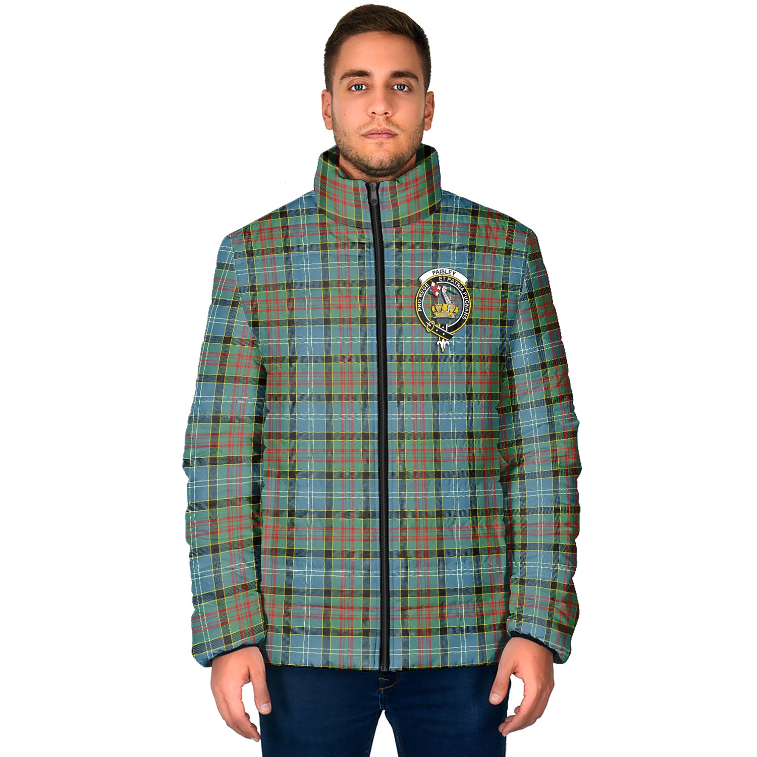 Paisley Tartan Padded Jacket with Family Crest - Tartanvibesclothing