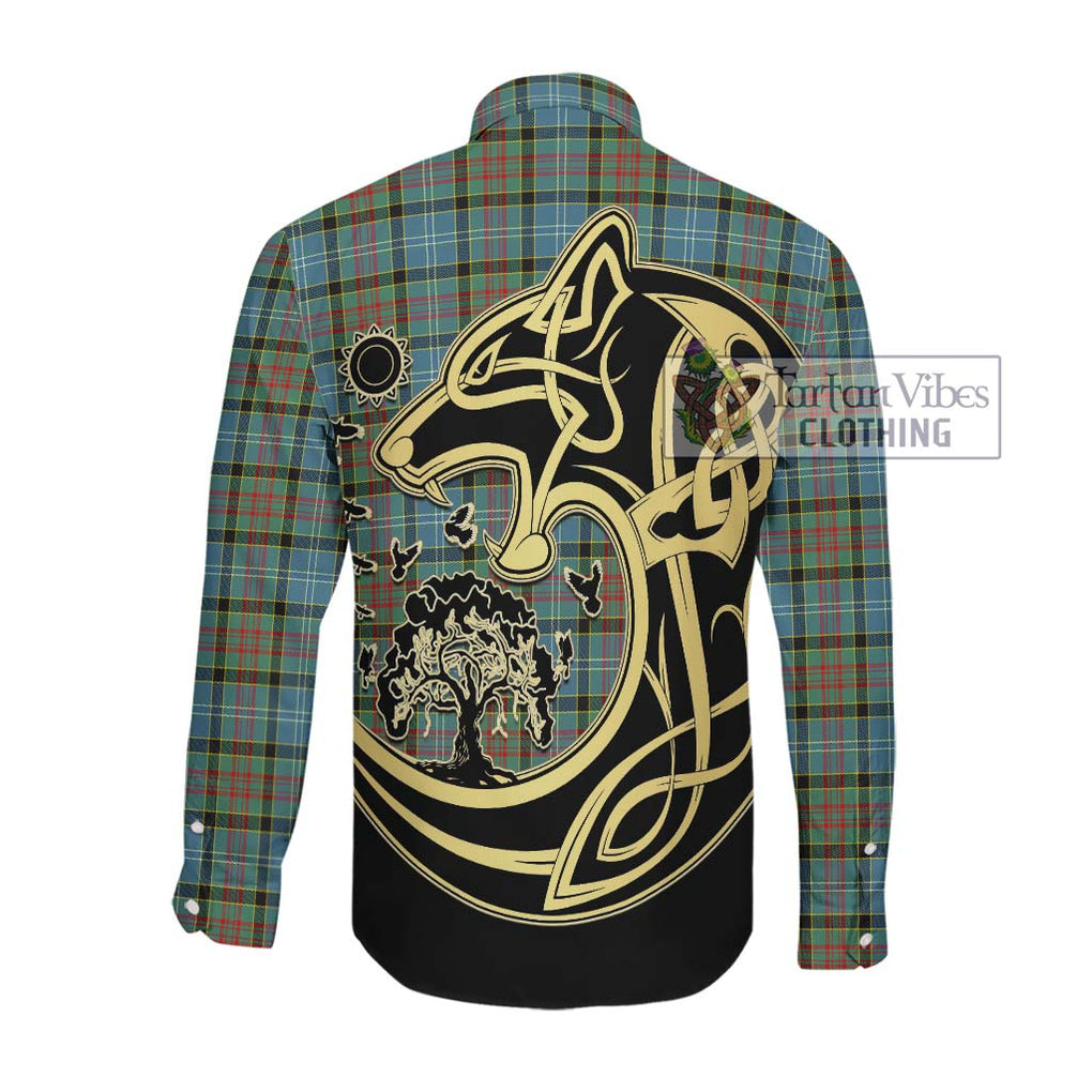 Paisley Tartan Long Sleeve Button Shirt with Family Crest Celtic Wolf Style Men's Shirt - Tartan Vibes Clothing