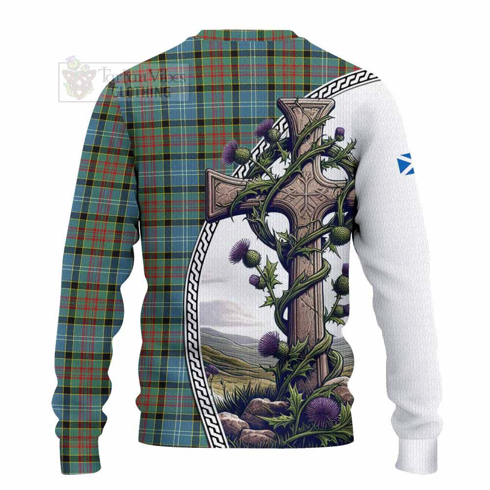 Tartan Vibes Clothing Paisley Tartan Knitted Sweater with Family Crest and St. Andrew's Cross Accented by Thistle Vines