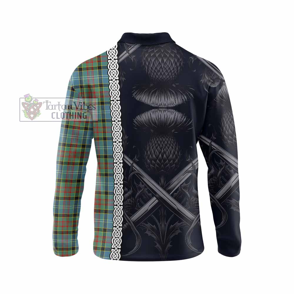 Tartan Vibes Clothing Paisley Tartan Long Sleeve Polo Shirt with Family Crest Cross Sword Thistle Celtic Vibes