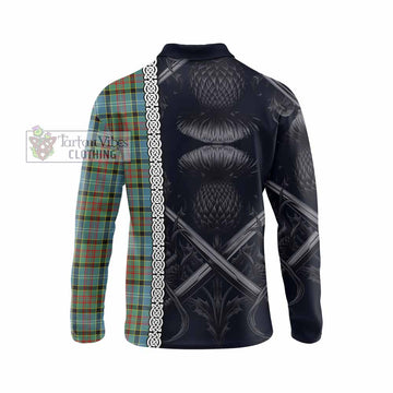 Paisley Tartan Long Sleeve Polo Shirt with Family Crest Cross Sword Thistle Celtic Vibes