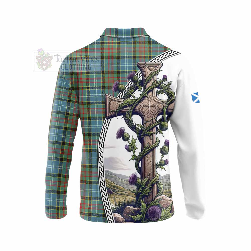 Tartan Vibes Clothing Paisley Tartan Long Sleeve Polo Shirt with Family Crest and St. Andrew's Cross Accented by Thistle Vines