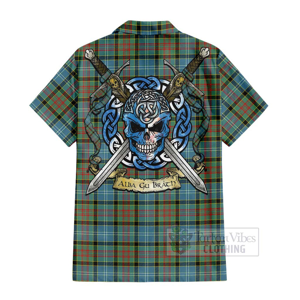 Tartan Vibes Clothing Paisley Tartan Short Sleeve Button Shirt with Family Crest Celtic Skull Style