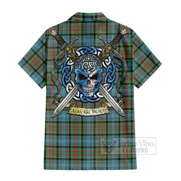 Paisley Tartan Short Sleeve Button Shirt with Family Crest Celtic Skull Style