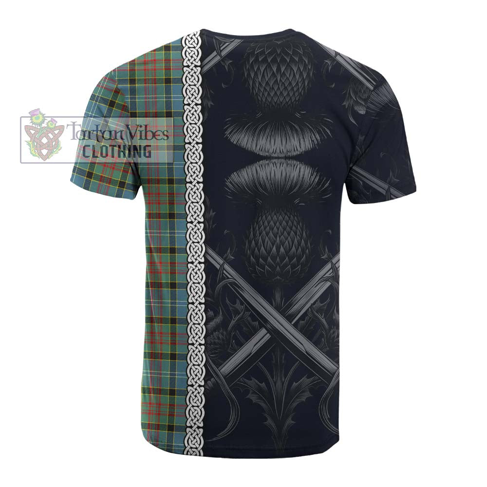 Tartan Vibes Clothing Paisley Tartan Cotton T-shirt with Family Crest Cross Sword Thistle Celtic Vibes