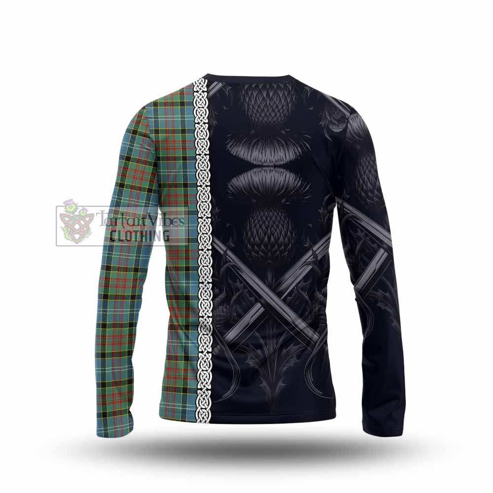 Tartan Vibes Clothing Paisley Tartan Long Sleeve T-Shirt with Family Crest Cross Sword Thistle Celtic Vibes