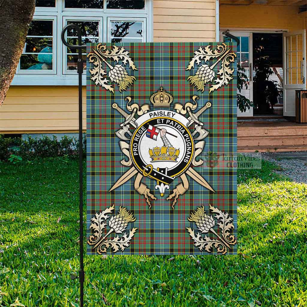 Tartan Vibes Clothing Paisley Tartan Flag with Family Crest and Golden Thistle Crossed Sword Design