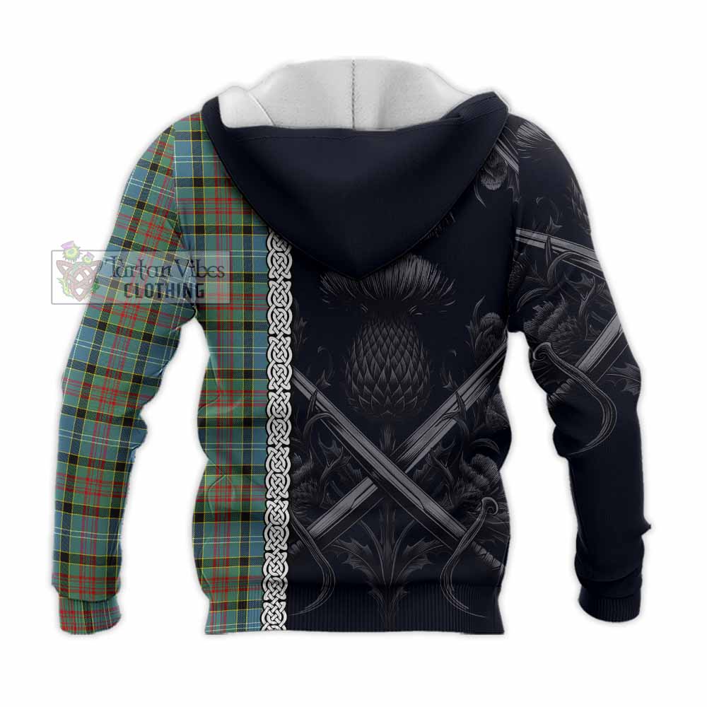 Tartan Vibes Clothing Paisley Tartan Knitted Hoodie with Family Crest Cross Sword Thistle Celtic Vibes