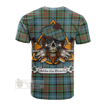 Paisley Tartan Cotton T-shirt with Family Crest and Bearded Skull Holding Bottles of Whiskey