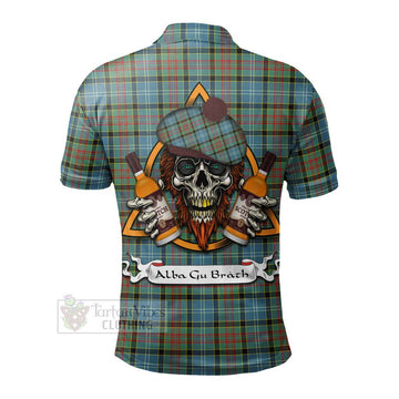 Paisley Tartan Polo Shirt with Family Crest and Bearded Skull Holding Bottles of Whiskey