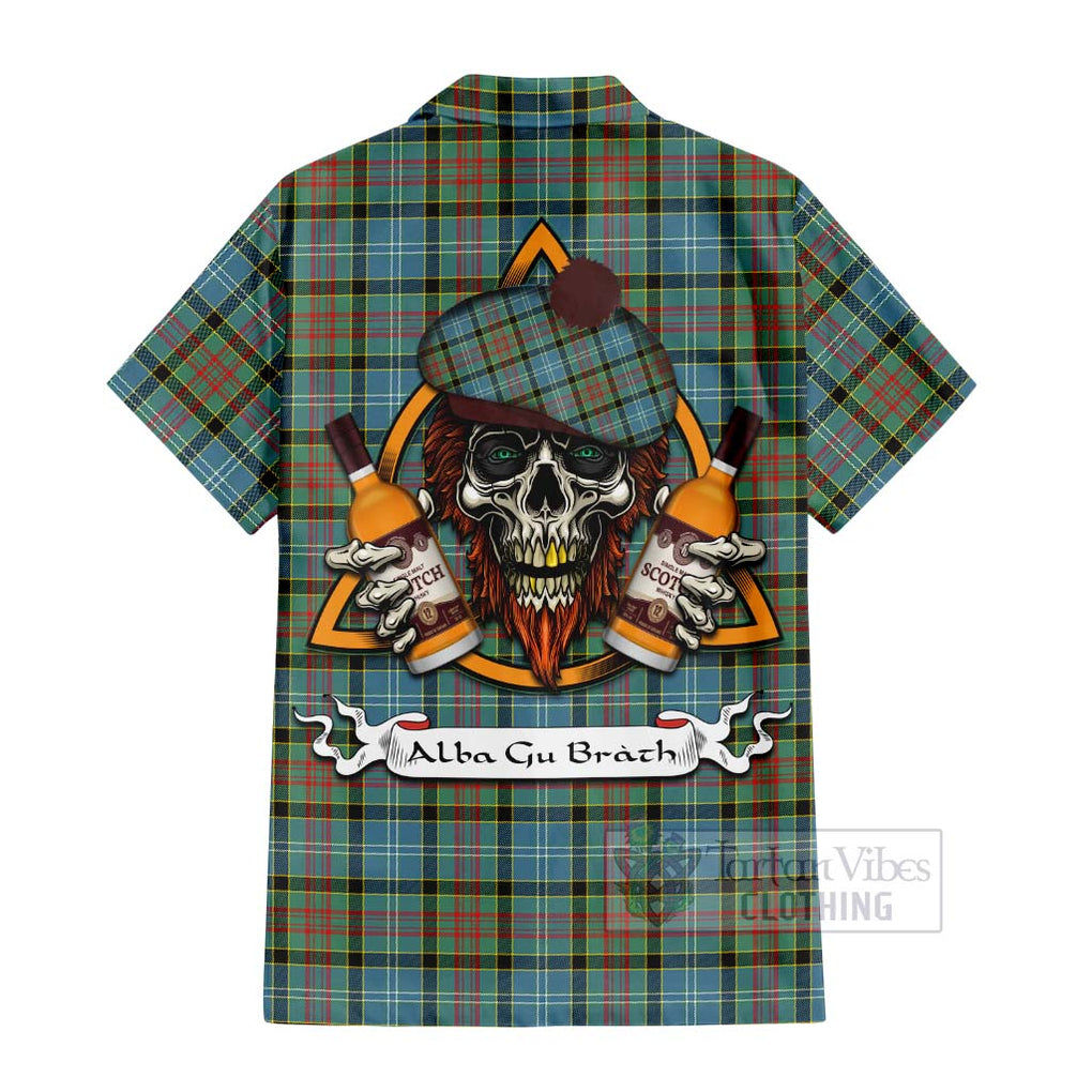 Tartan Vibes Clothing Paisley Tartan Short Sleeve Button Shirt with Family Crest and Bearded Skull Holding Bottles of Whiskey