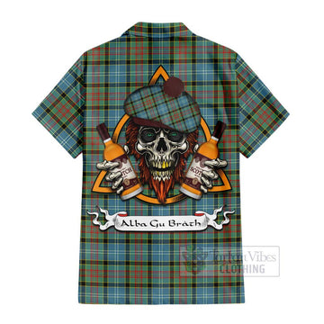 Paisley Tartan Short Sleeve Button Shirt with Family Crest and Bearded Skull Holding Bottles of Whiskey