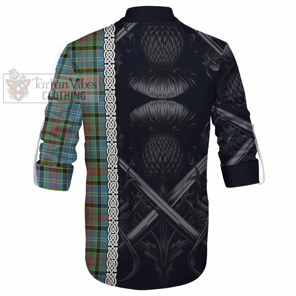 Tartan Vibes Clothing Paisley Tartan Ghillie Kilt Shirt with Family Crest Cross Sword Thistle Celtic Vibes