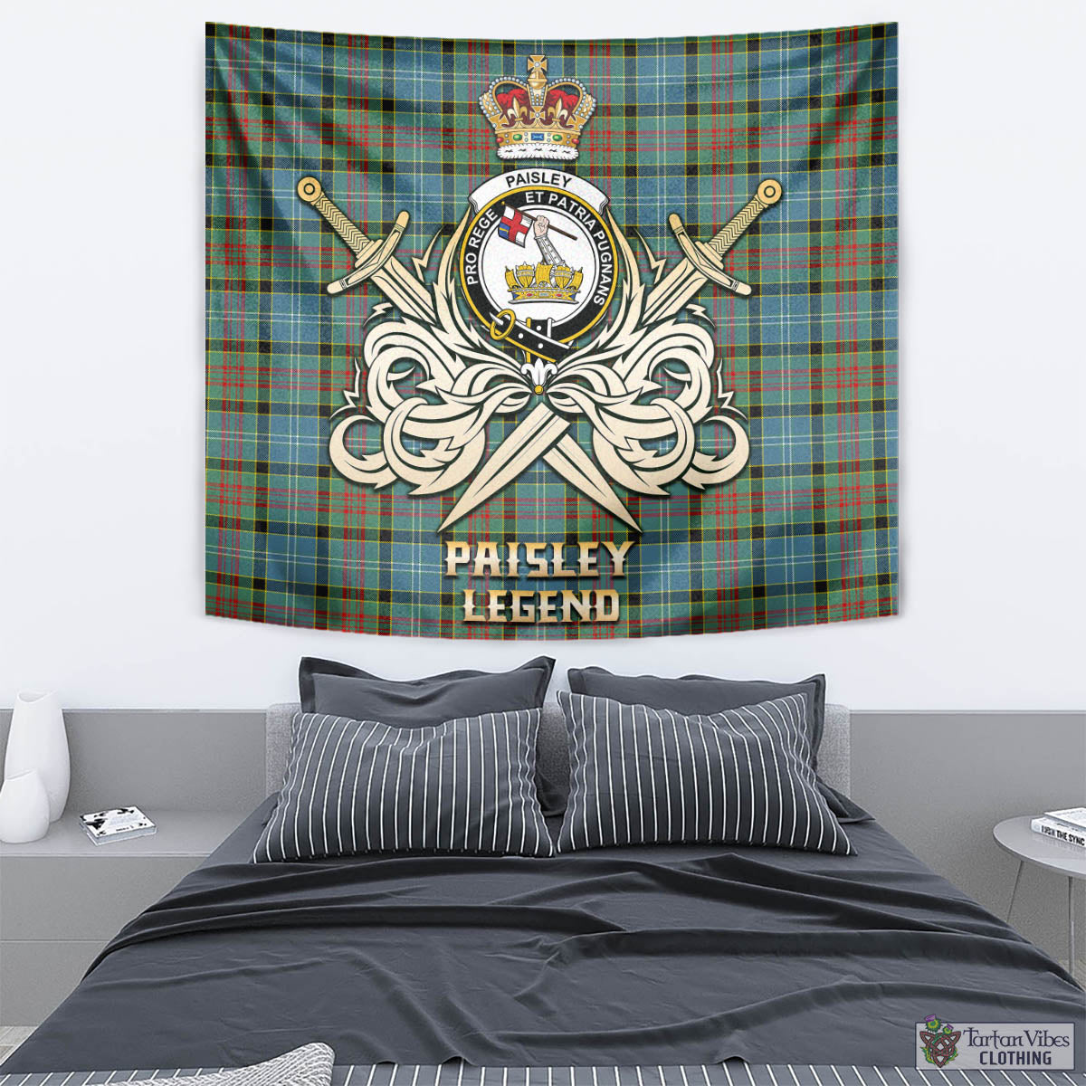 Tartan Vibes Clothing Paisley Tartan Tapestry with Clan Crest and the Golden Sword of Courageous Legacy