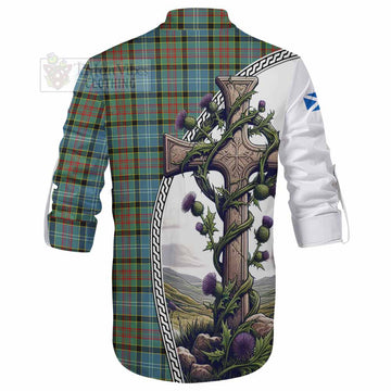 Paisley Tartan Ghillie Kilt Shirt with Family Crest and St. Andrew's Cross Accented by Thistle Vines