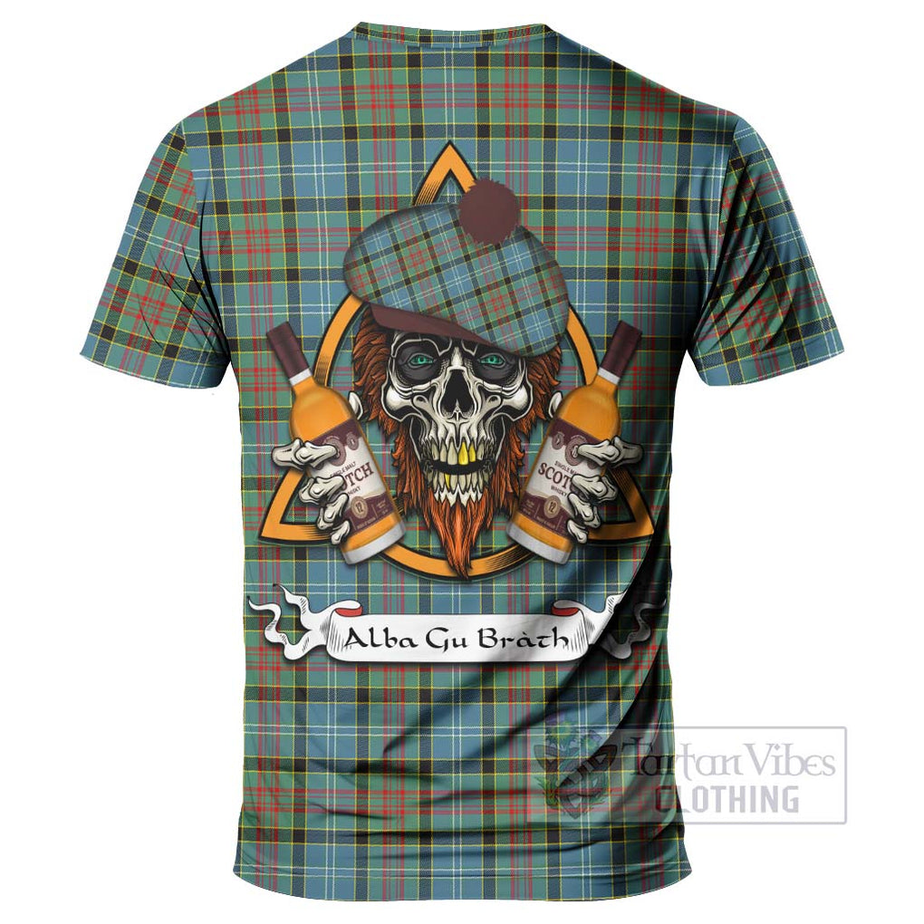 Tartan Vibes Clothing Paisley Tartan T-Shirt with Family Crest and Bearded Skull Holding Bottles of Whiskey