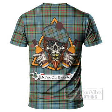 Paisley Tartan T-Shirt with Family Crest and Bearded Skull Holding Bottles of Whiskey