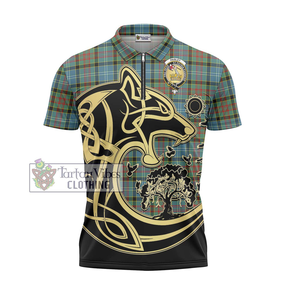 Paisley Tartan Zipper Polo Shirt with Family Crest Celtic Wolf Style - Tartanvibesclothing Shop