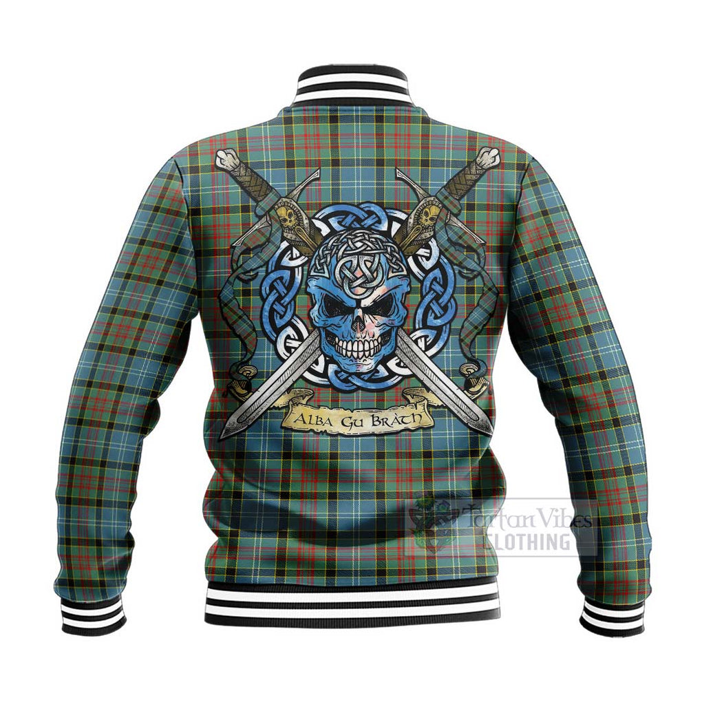 Tartan Vibes Clothing Paisley Tartan Baseball Jacket with Family Crest Celtic Skull Style