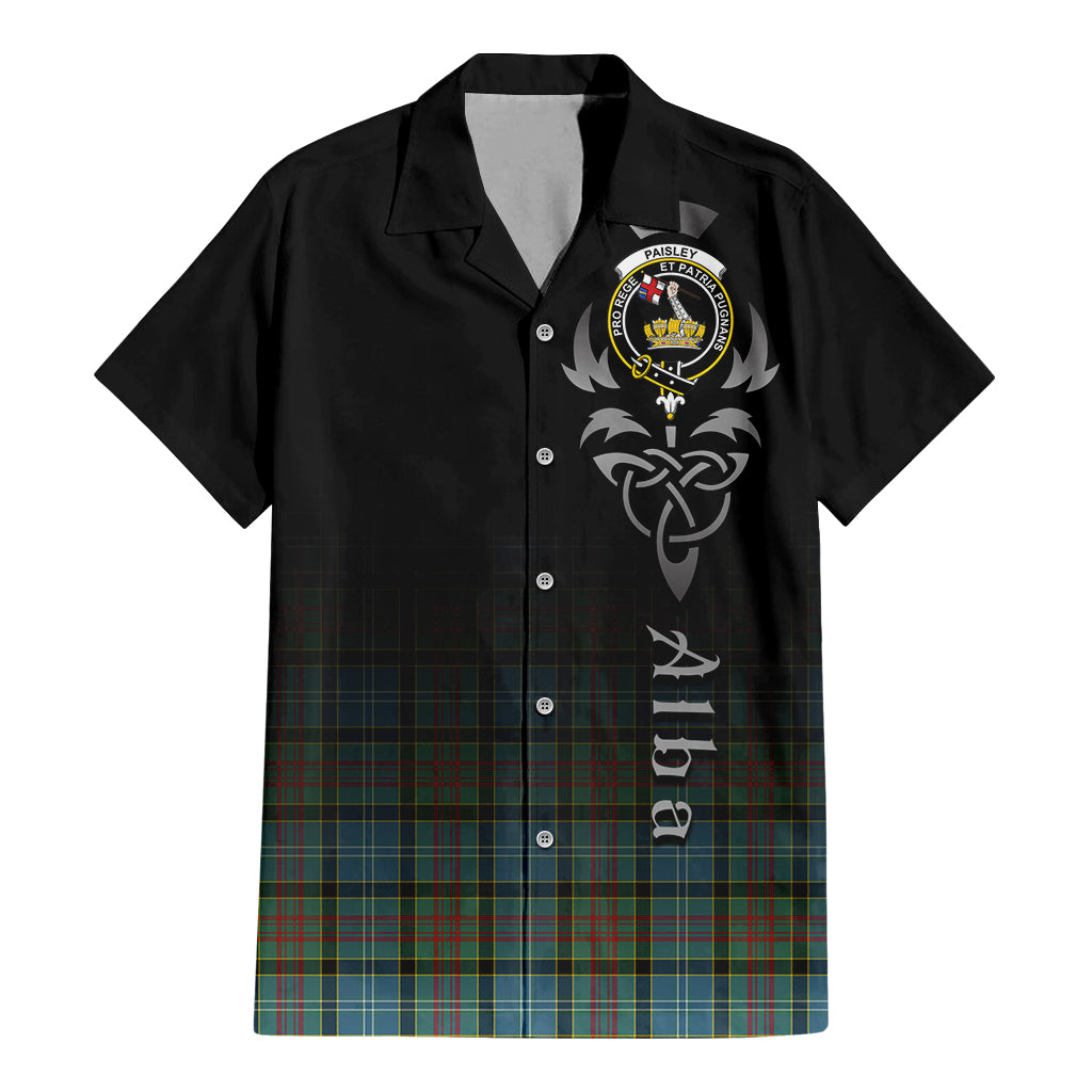 Tartan Vibes Clothing Paisley Tartan Short Sleeve Button Up Featuring Alba Gu Brath Family Crest Celtic Inspired