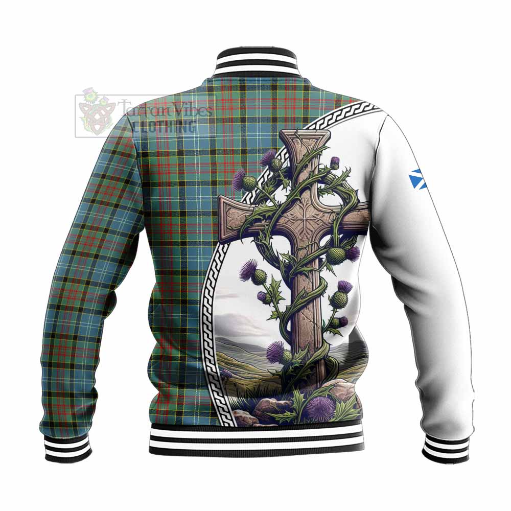 Tartan Vibes Clothing Paisley Tartan Baseball Jacket with Family Crest and St. Andrew's Cross Accented by Thistle Vines