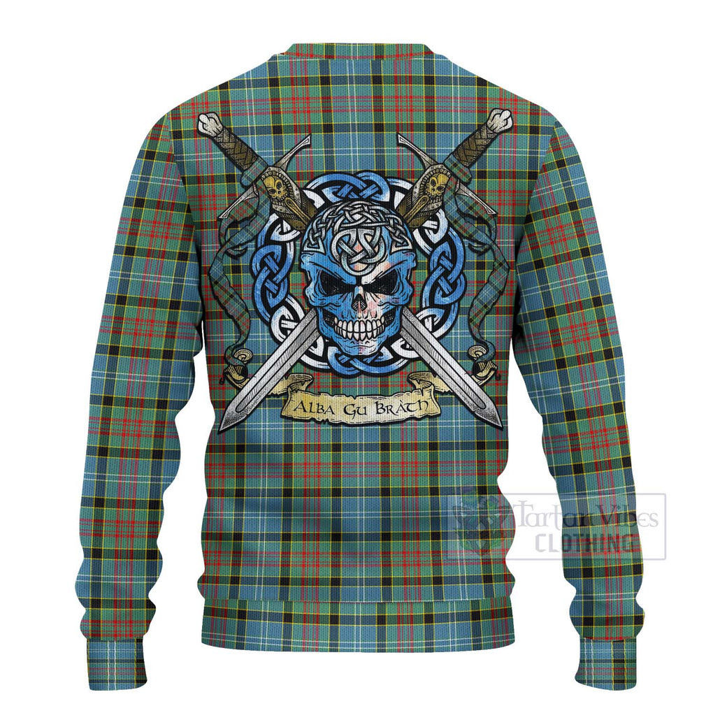 Tartan Vibes Clothing Paisley Tartan Knitted Sweater with Family Crest Celtic Skull Style