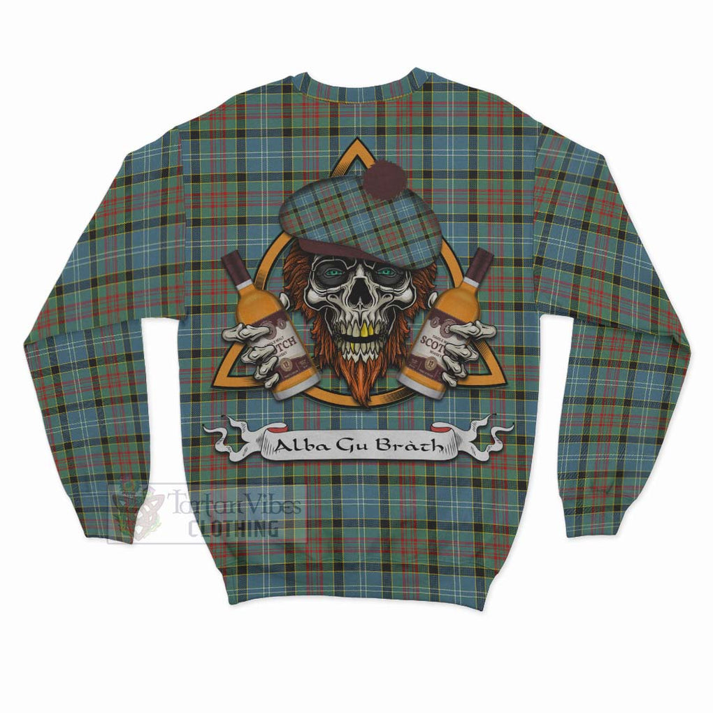 Tartan Vibes Clothing Paisley Tartan Sweatshirt with Family Crest and Bearded Skull Holding Bottles of Whiskey