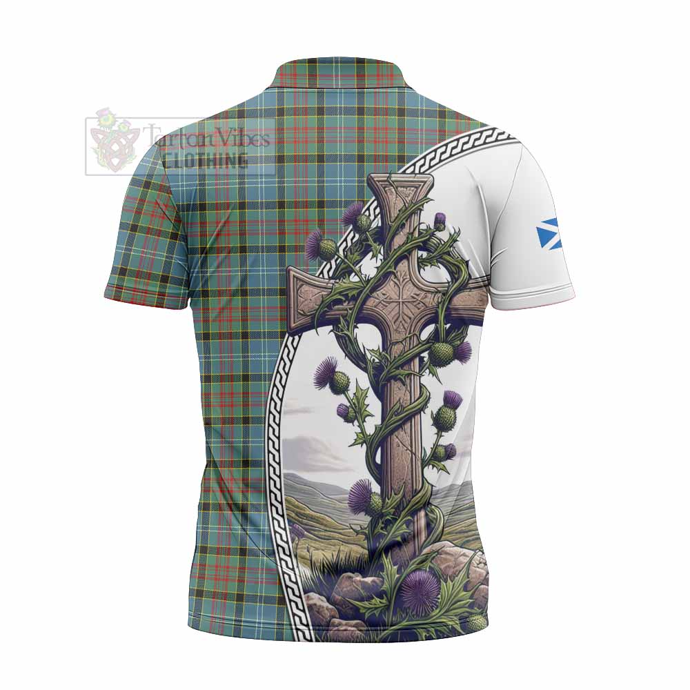 Tartan Vibes Clothing Paisley Tartan Zipper Polo Shirt with Family Crest and St. Andrew's Cross Accented by Thistle Vines