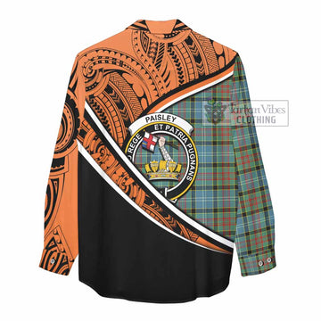 Paisley Crest Tartan Women's Casual Shirt with Polynesian Vibes Style - Orange Version