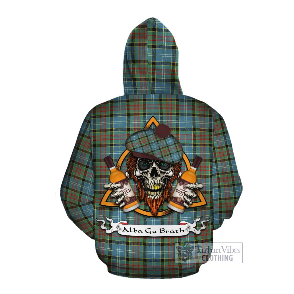 Tartan Vibes Clothing Paisley Tartan Cotton Hoodie with Family Crest and Bearded Skull Holding Bottles of Whiskey