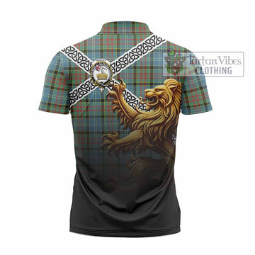 Paisley Crest Tartan Zipper Polo Shirt with Golden Lion Emblem Celtic Style - Tartan Vibes Clothing