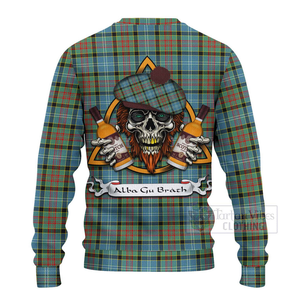 Tartan Vibes Clothing Paisley Tartan Knitted Sweater with Family Crest and Bearded Skull Holding Bottles of Whiskey