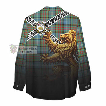 Paisley Crest Tartan Women's Casual Shirt with Golden Lion Emblem Celtic Style - Tartan Vibes Clothing